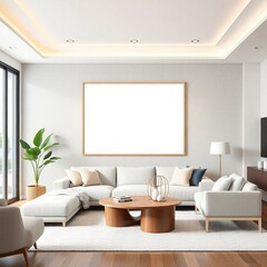 Modern interior design of an empty living room with furniture and a window Empty room with window and white wall featuring simple furniture and wooden floor