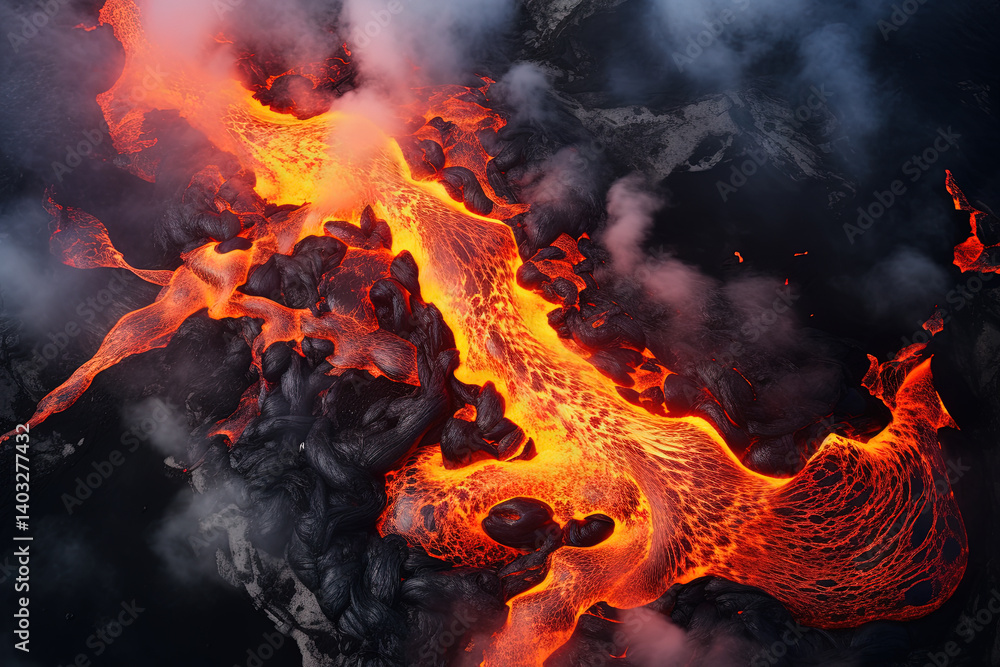 Wall mural volcano eruption from a bird view. volcano crater and magma flow shot from above. genertated ai.