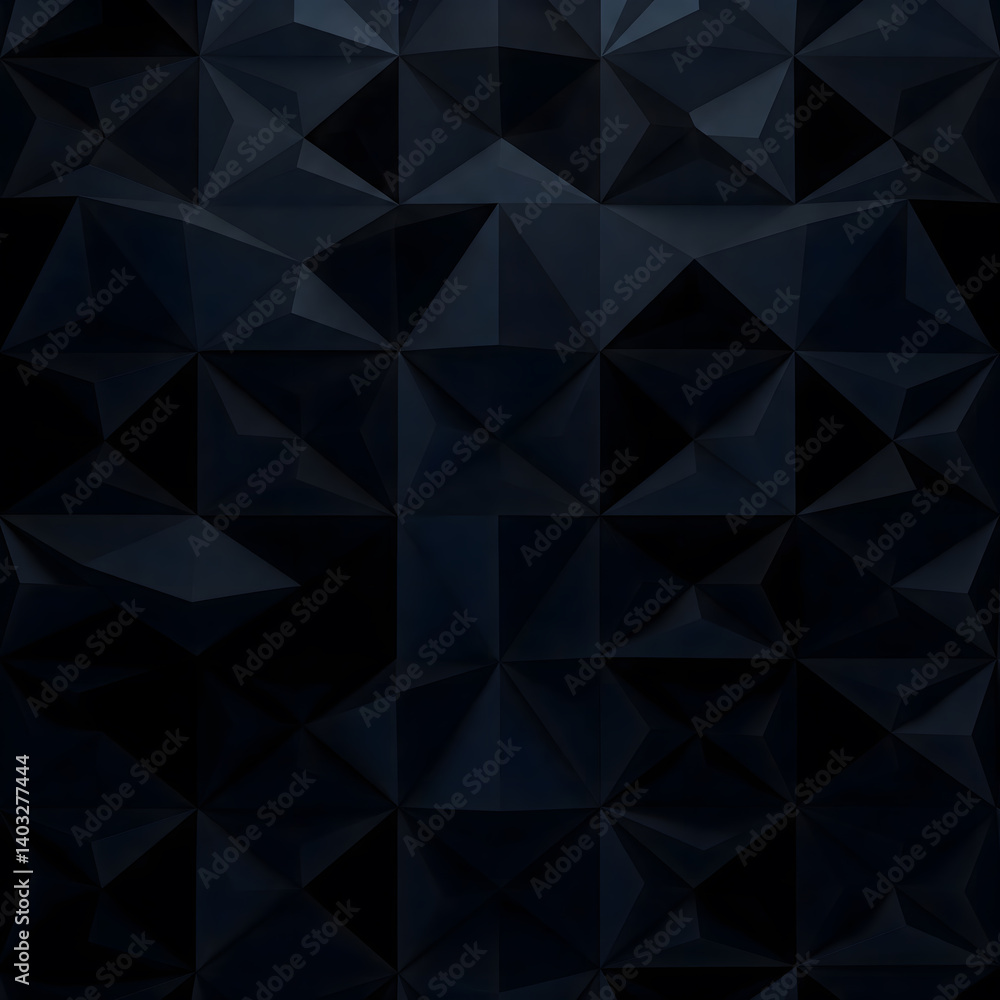 Poster a dark geometric pattern with various shades of blue, creating an abstract and textured background. 