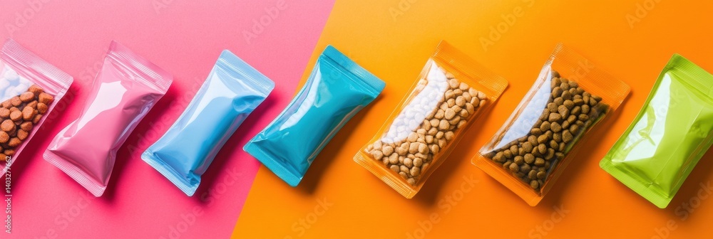 Poster sleek packaging design mockups for colorful dry and wet pet food arranged in rows on vibrant backgro