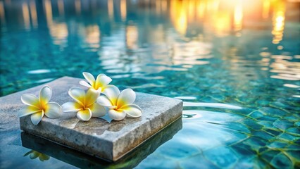 Marble platform on water with blooming plumeria flowers, serene, natural beauty, serene, natural beauty