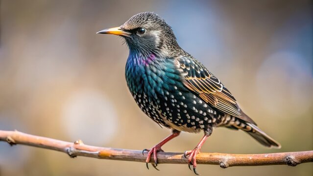 Close-up of a European starling perched on a branch, Perching, Bird Behavior,  Perching