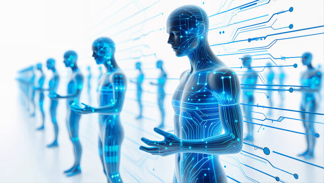 Line of identical blue wireframe human figures connected to network lines. Concept of artificial intelligence, digital clones, and future human representation. Vision of technological singularity.