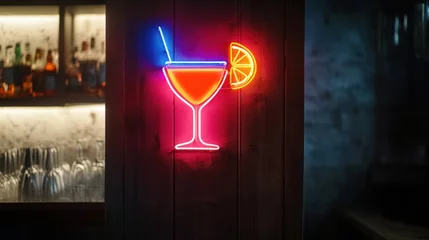 Neon cocktail sign on wooden bar wall