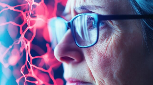 Elderly woman with concerned expression symbolizing dementia risk and memory loss, brain scan in background representing cognitive decline and aging health issues.
