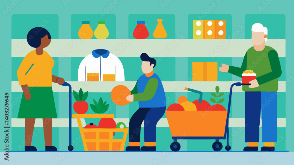 Poster grocery shopping a bustling grocery store with various shoppers. a character with a prosthetic limb 