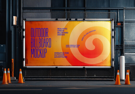 Industrial Billboard Mockup &ndash; High-Impact Outdoor Advertising Banner with Rusted Urban Background and Vibrant Gradient Display for Creative Campaigns