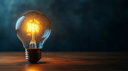 Illuminated Lightbulb on Wood Surface Symbolizing Ideas and Creative Thinking