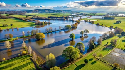 Fototapeta premium Aerial view of flooded fields and meadows in a rural landscape, with water covering large areas of land, surrounded by tall trees and greenery , nature, flooded lands