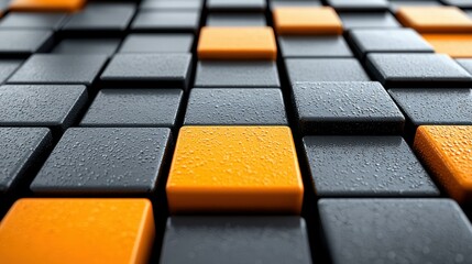 Abstract Geometric Pattern: Black and Orange Cubes with Water Droplets