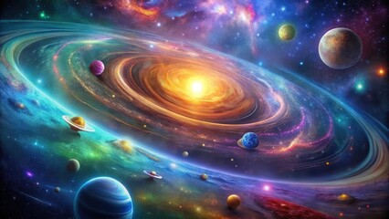 Swirling vortex of colorful light in a cosmic night sky with stars and planets , astronomy, space,  astronomy, space, celestial