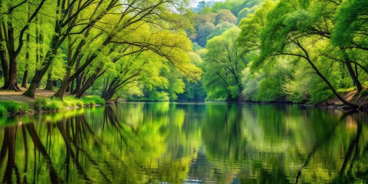 Serene forest landscape with lush green trees budding along a tranquil river bank, surrounded by calm water and soothing foliage, peaceful, serene landscape - Powered by Adobe