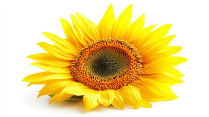 Fototapeta premium Bright single sunflower with vibrant yellow petals and dark brown center isolated on clean white background, showcasing natural beauty, floral symmetry, and botanical elegance in high detail.