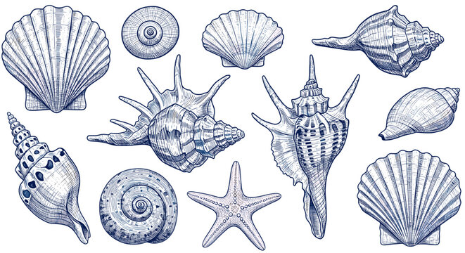 Seashells and Starfish Hand Drawn Illustration: A detailed hand-drawn illustration of various seashells and a starfish in blue tones, perfect for creating nautical and coastal themes in your designs.