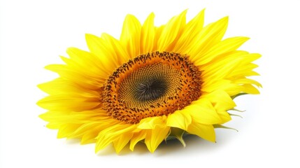 Fototapeta premium Bright single sunflower with vibrant yellow petals and dark brown center isolated on clean white background, showcasing natural beauty, floral symmetry, and botanical elegance in high detail.