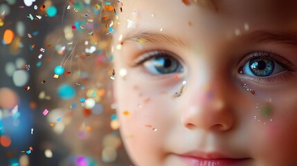 Toddler's face, confetti shower, indoor, festive background, celebration card