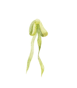 Watercolor hand drawn green bow for holiday design of any kind of poligraphy - cards, flyers, posters. Bright and colorful for joy.