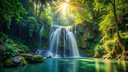 waterfall in dense jungle foliage with sunlight filtering through trees, tranquility, calming,  tranquility, calming, serenity