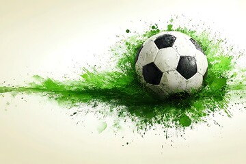 Fototapeta premium Grunge Style Soccer Ball with Splattered Green Paint isolated on Light Background