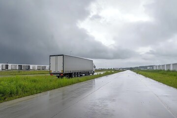 Stormy weather with trailer truck on wet road, tough conditions logistics
