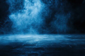A smoky blue stage illuminated with a dim ethereal ambiance