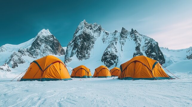 Majestic Mountain Camp: Orange Tents Against a Snowy Peak