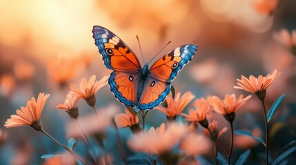 Orange Butterfly on Peach Color Flowers in Dreamy Bokeh Scene