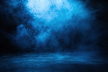Fototapeta premium Blue illuminated fog floating across a dark empty stage