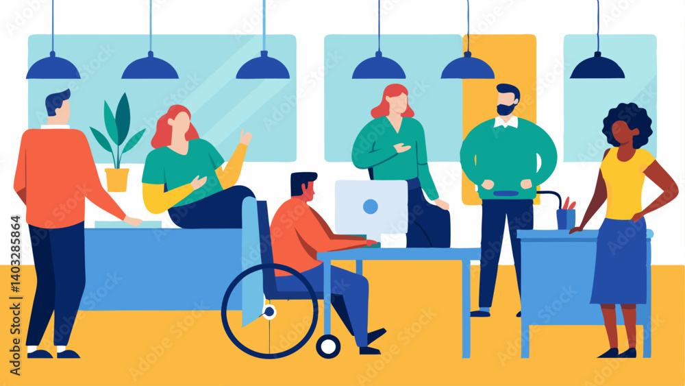 Poster open office space a vibrant open office layout where employees of varying abilities engage with each
