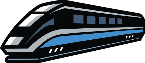 Sleek high-speed train vector illustration. Modern black train with blue and gray accents. Futuristic streamlined locomotive design.