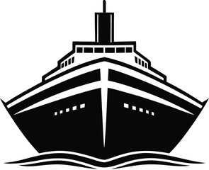Obraz premium Black and white ship vector illustration. Minimalist frontal view of a geometric vessel. Stylized angular ship with wave details.
