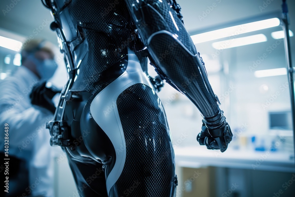 Poster robot prototype being examined by scientist in a modern laboratory setting