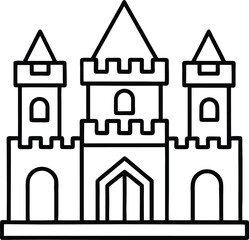Medieval castle line drawing. Black and white fortress illustration. Minimalist castle with towers art.