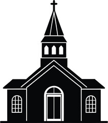 Traditional church silhouette black and white. Classic religious building line art. Church steeple with cross illustration.