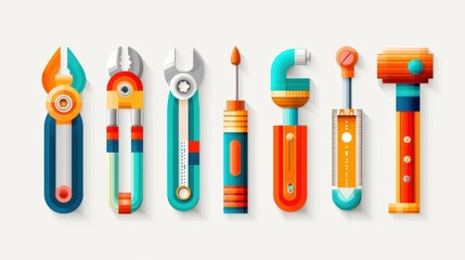 Engineering tool icon set concept. A collection of colorful engineering tools on a light background long title A collection of various engineering and construction tools including