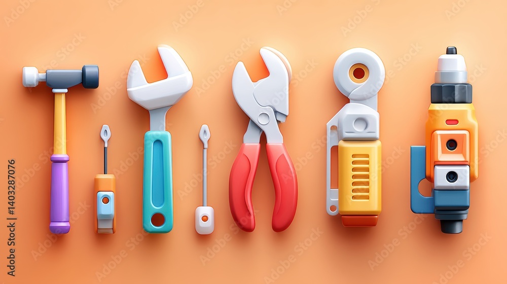 Poster engineering tool icon set concept. a collection of engineering tools and icons long title a detailed