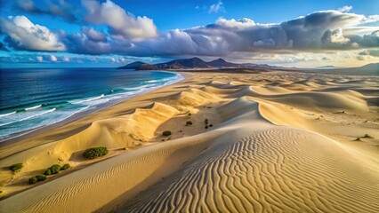 Aerial drone view of sand dunes in Corralejo National Park, park, wilderness ,  park, wilderness