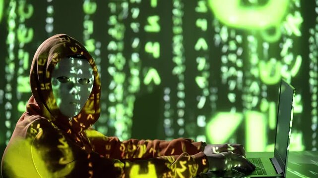 Anonimowy haker w białej masce pracuje przy laptopie w ciemnym pomieszczeniu z zielonym kodem matrix na ścianie, symbolizując cyberprzestępczość, inwigilację i cyfrowe zagrożenia