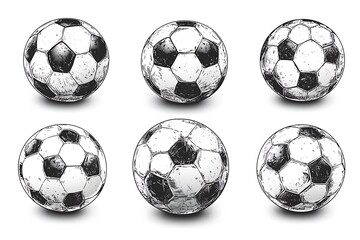 Multiple Soccer Balls Sketch Style, Black and White Illustration, Sport Equipment