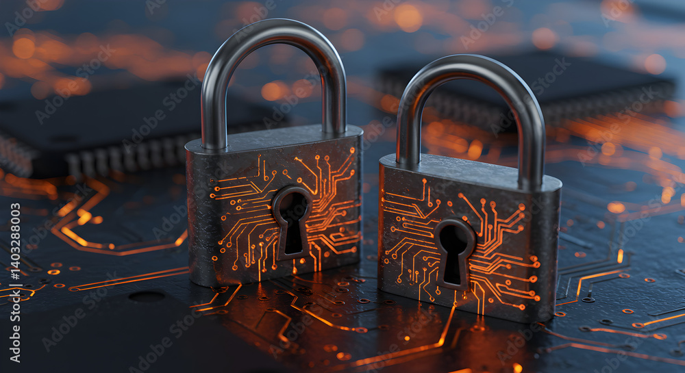 Poster two padlocks with circuit board designs on dark background with orange accents representing data sec