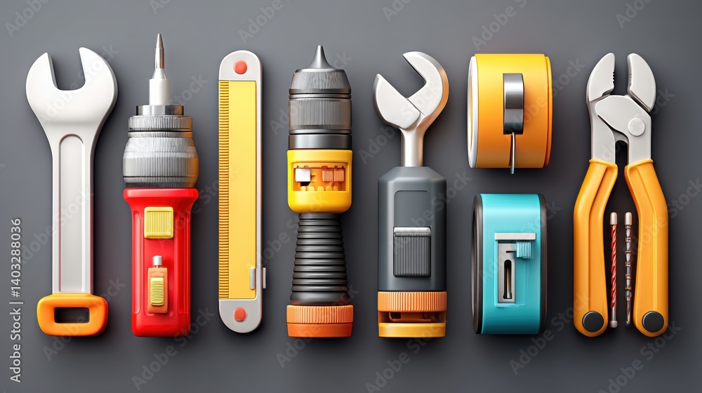 Poster engineering tool icon set concept. a collection of various engineering tools in a modern flat style 