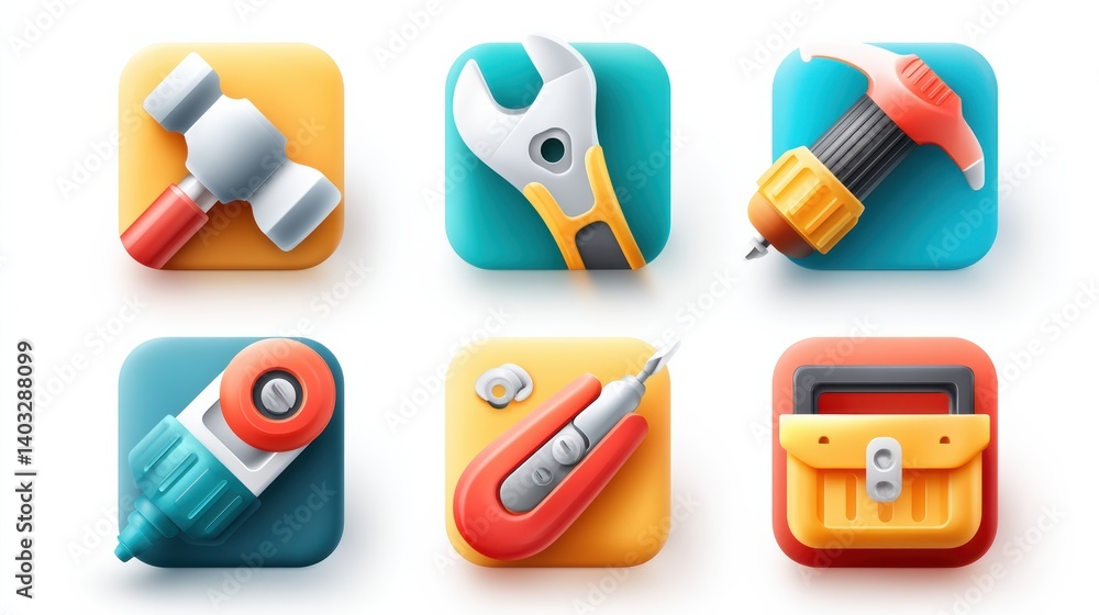 Poster engineering tool icon set concept. a set of engineering tool icons long title a collection of colorf