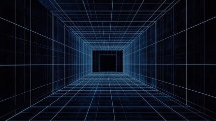 Symmetrical dark blue grid lines form an empty, futuristic cyberpunk VR space against a black background
