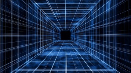 Obraz premium Symmetrical dark blue grid lines form an empty, futuristic cyberpunk VR space against a black background