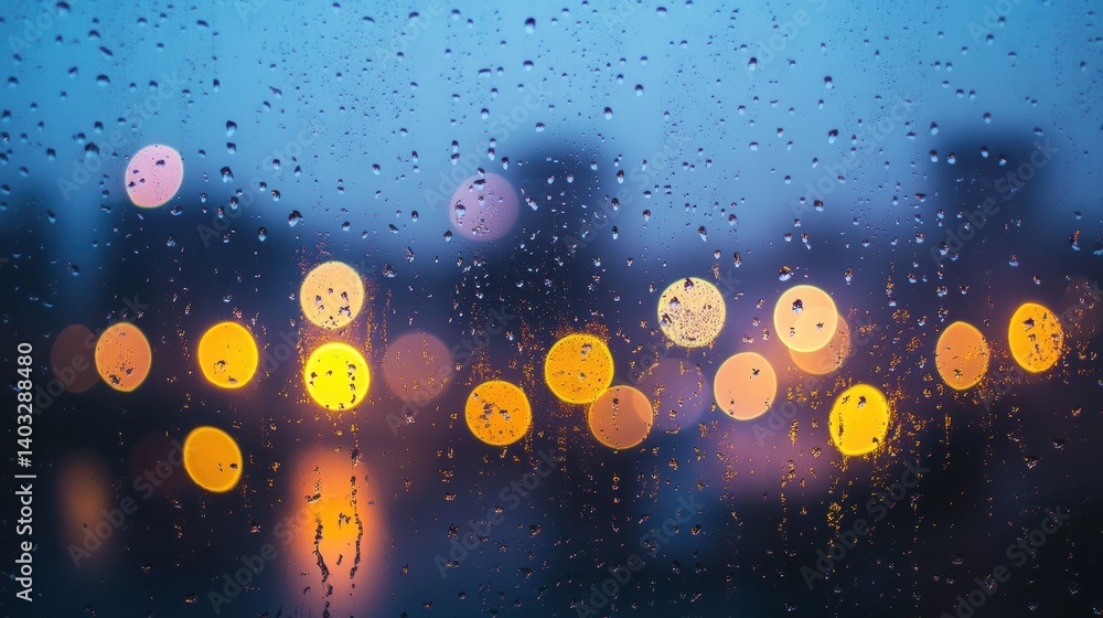 Aufkleber soft raindrops on a foggy window reveal blurred city lights creating a nostalgic atmosphere at twili