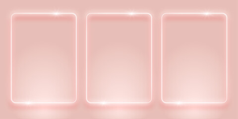 Abstract background with neon lights of vibrant colors glowing perpendicular lines on shiny reflecting background. Vector 3d render, square glowing in the bright wall, white neon light frame