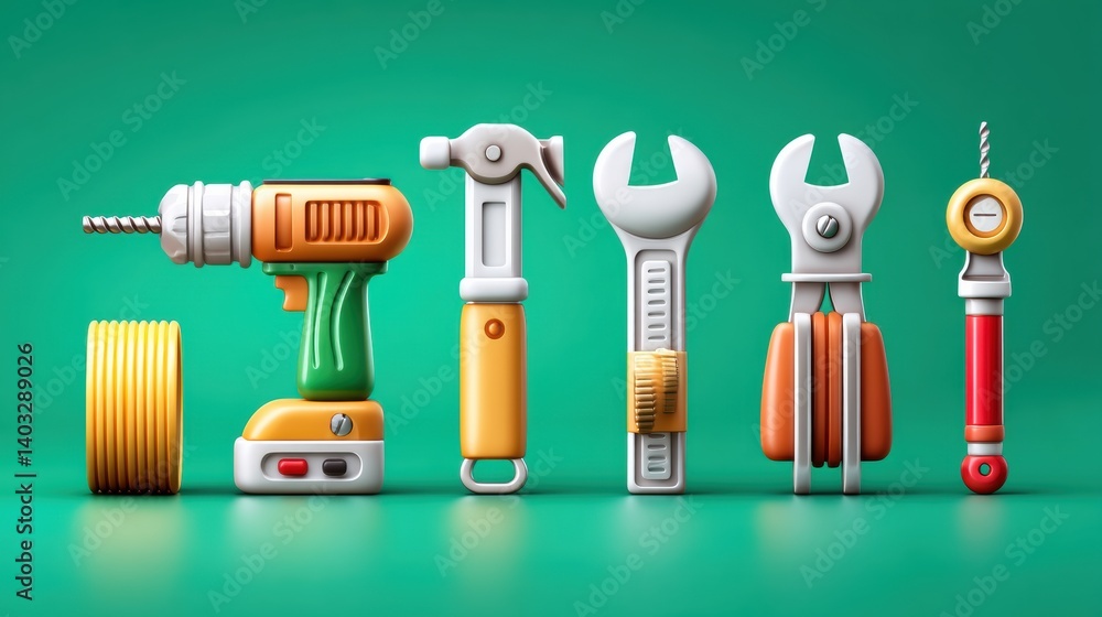 Poster engineering tool icon set concept. a set of modern engineering tools on a green background