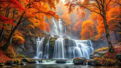 Obraz premium waterfall surrounded by autumn orange trees in a misty atmosphere , scenic, vibrant, scenic, vibrant, wood
