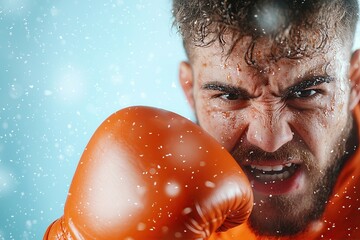 Intense boxer with an orange glove, showcasing determination and focus, surrounded by droplets of water against a blue background.