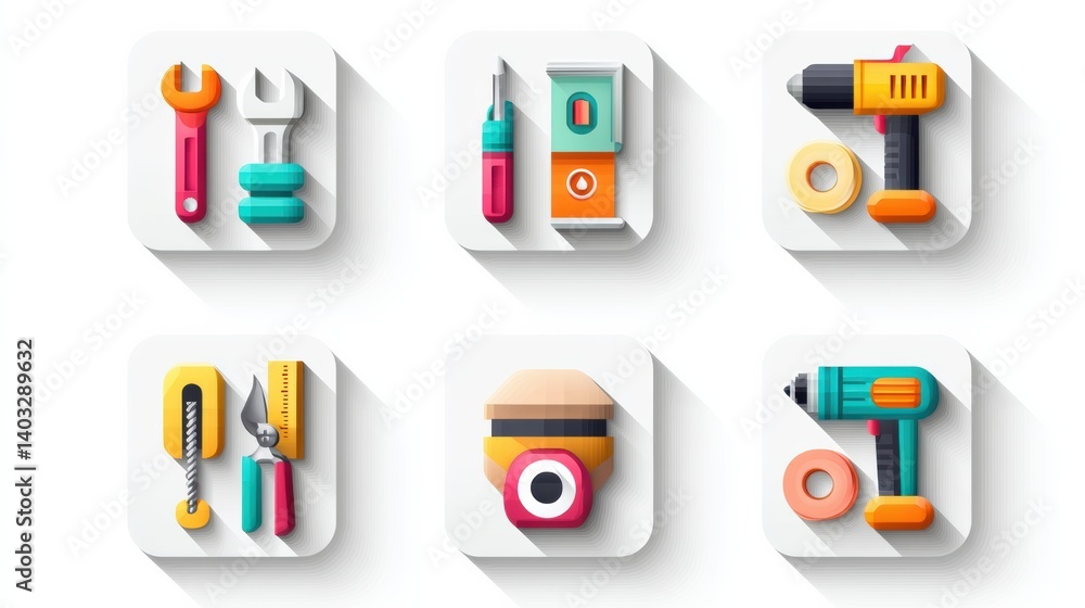 Aufkleber engineering tool icon set concept. an assortment of essential engineering tools and equipment in a f